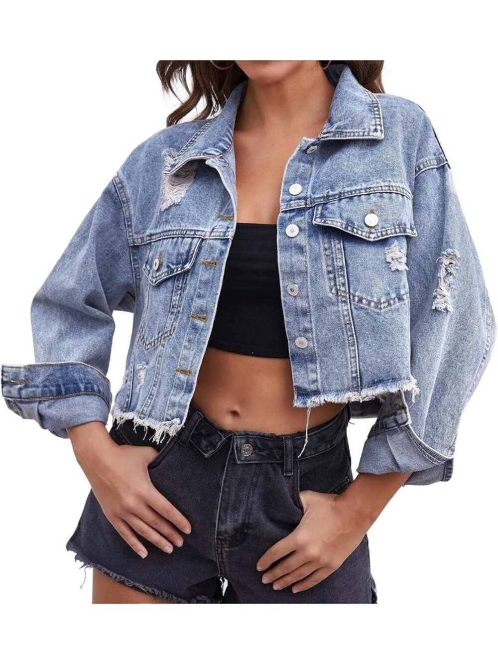 Cropped Distressed Denim Jacket | Ripped & Frayed Blue Jean Coat for Women